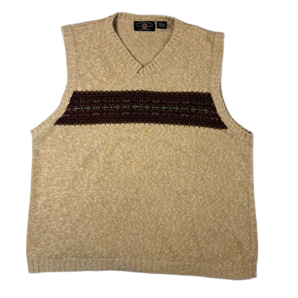 VTG Men's American Eagle Knit Sweater Vest Size XL Tan Brown Fair Isle Strips